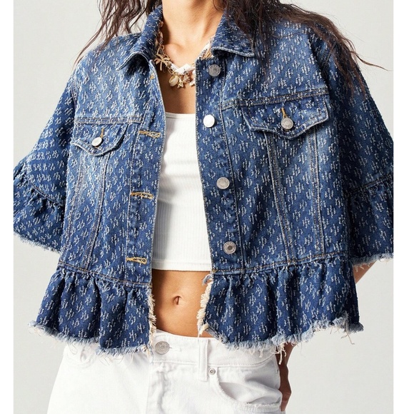 Dark Wash Button up Loose Fit Ruffle Hem Jacket - Picture 4 of 7